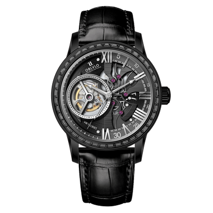 OBLVLO VMQ Series - Affordable Luxury All Black/Diamond Zirconia Case Mens Automatic Tourbillon Style Dial Dress Watches