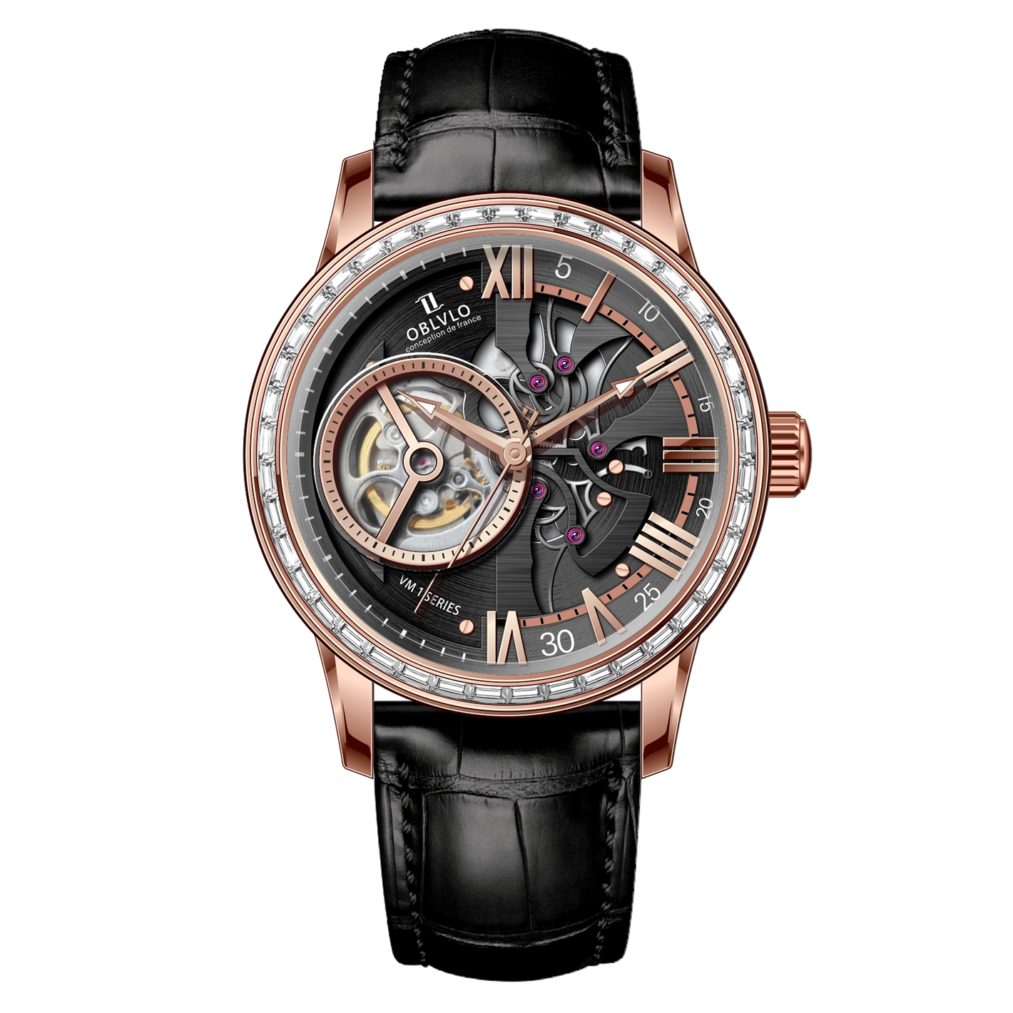 OBLVLO VMQ Series - Affordable Luxury Rose Gold / Zirconia Case Mens Automatic Tourbillon Style Dial Dress Watches