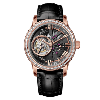 OBLVLO VMQ Series - Affordable Luxury Rose Gold / Zirconia Case Mens Automatic Tourbillon Style Dial Dress Watches