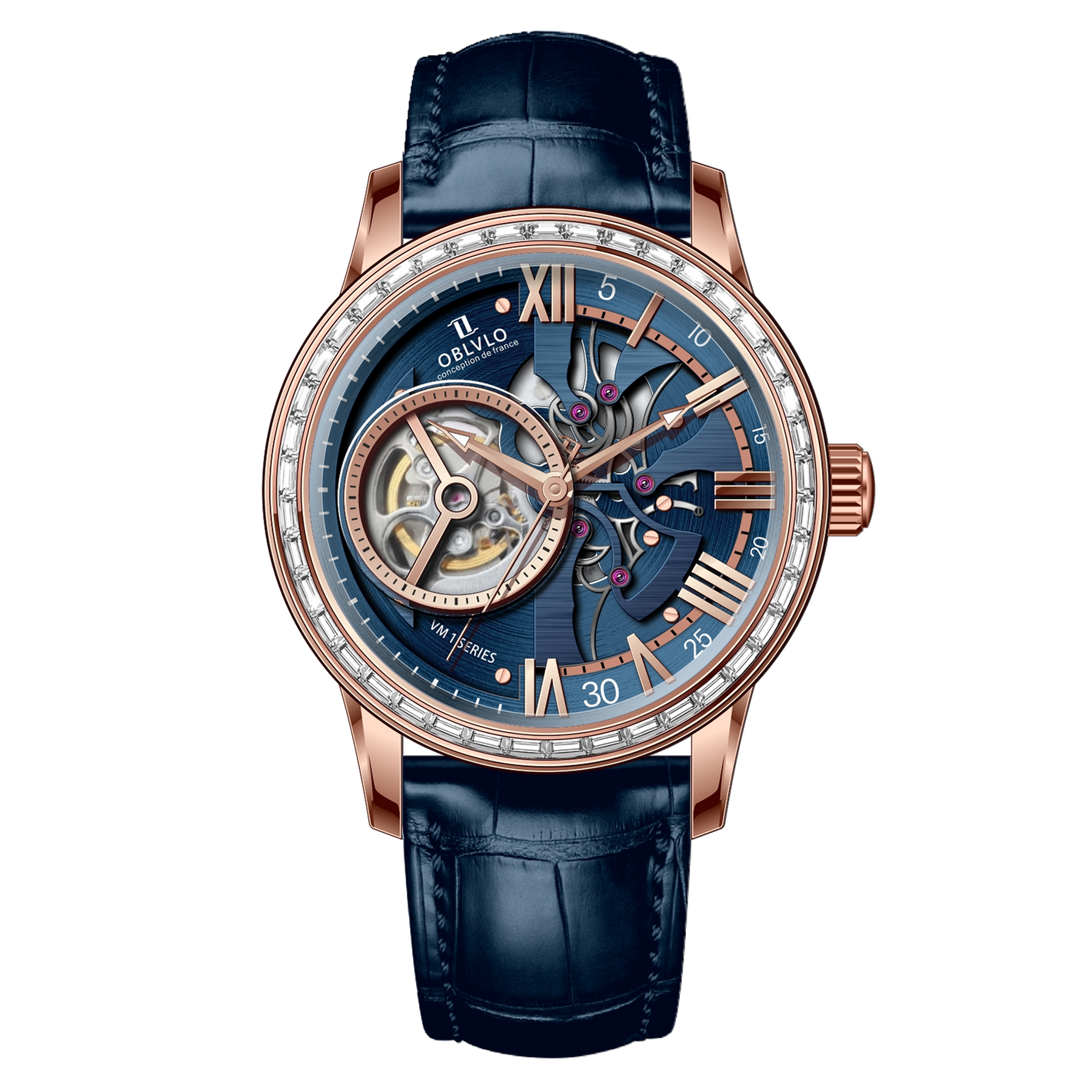 OBLVLO VMQ Series - Best Affordable Luxury Mens Rose Gold Zirconia Automatic Tourbillon Style Blue Dial Dress Watches