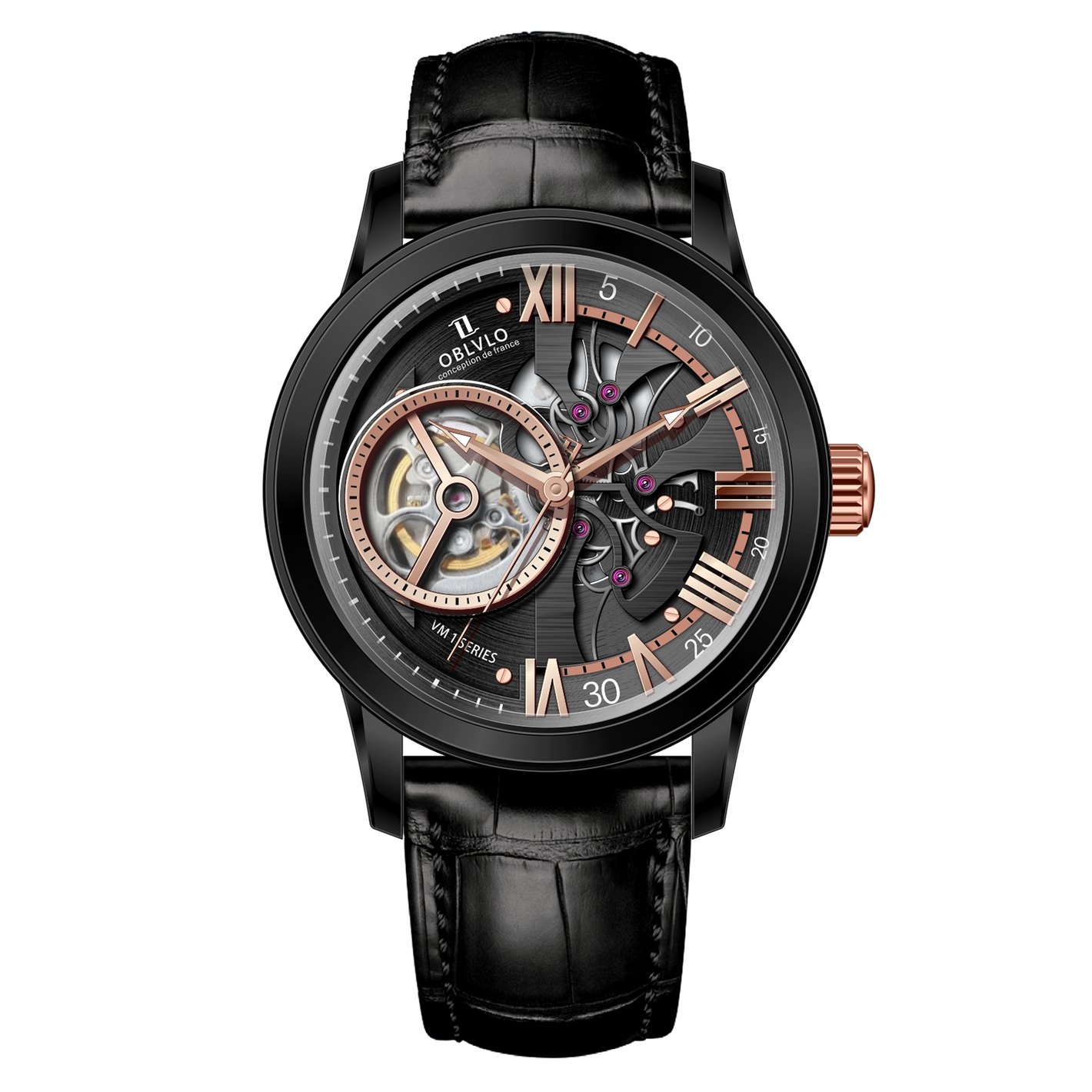 OBLVLO VMQ Series - Affordable Luxury Black & Rose Gold Case Mens Automatic Tourbillon Style Dial Dress Zirconia Watches