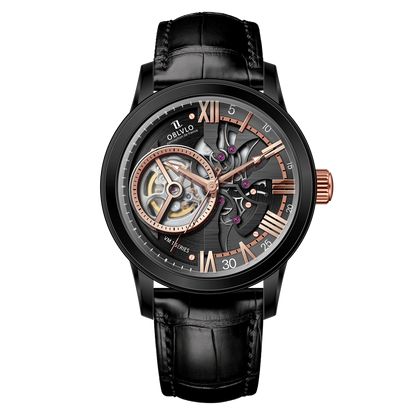 OBLVLO VMQ Series - Affordable Luxury Black & Rose Gold Case Mens Automatic Tourbillon Style Dial Dress Zirconia Watches