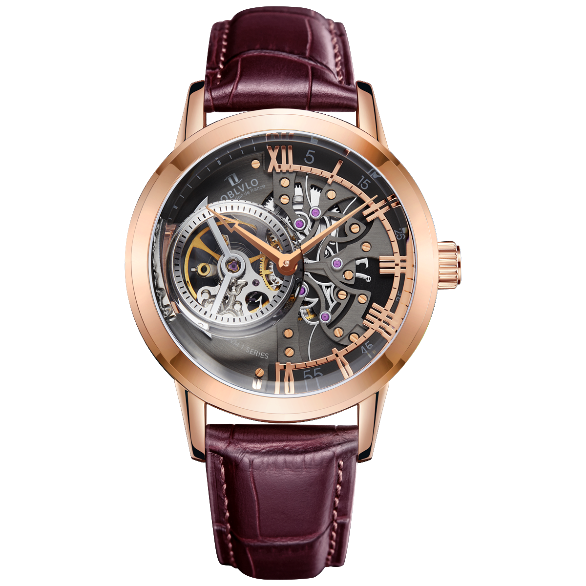 Oblvlo VM Series Luxury Rose Gold Automatic Skeleton Watches For Sale