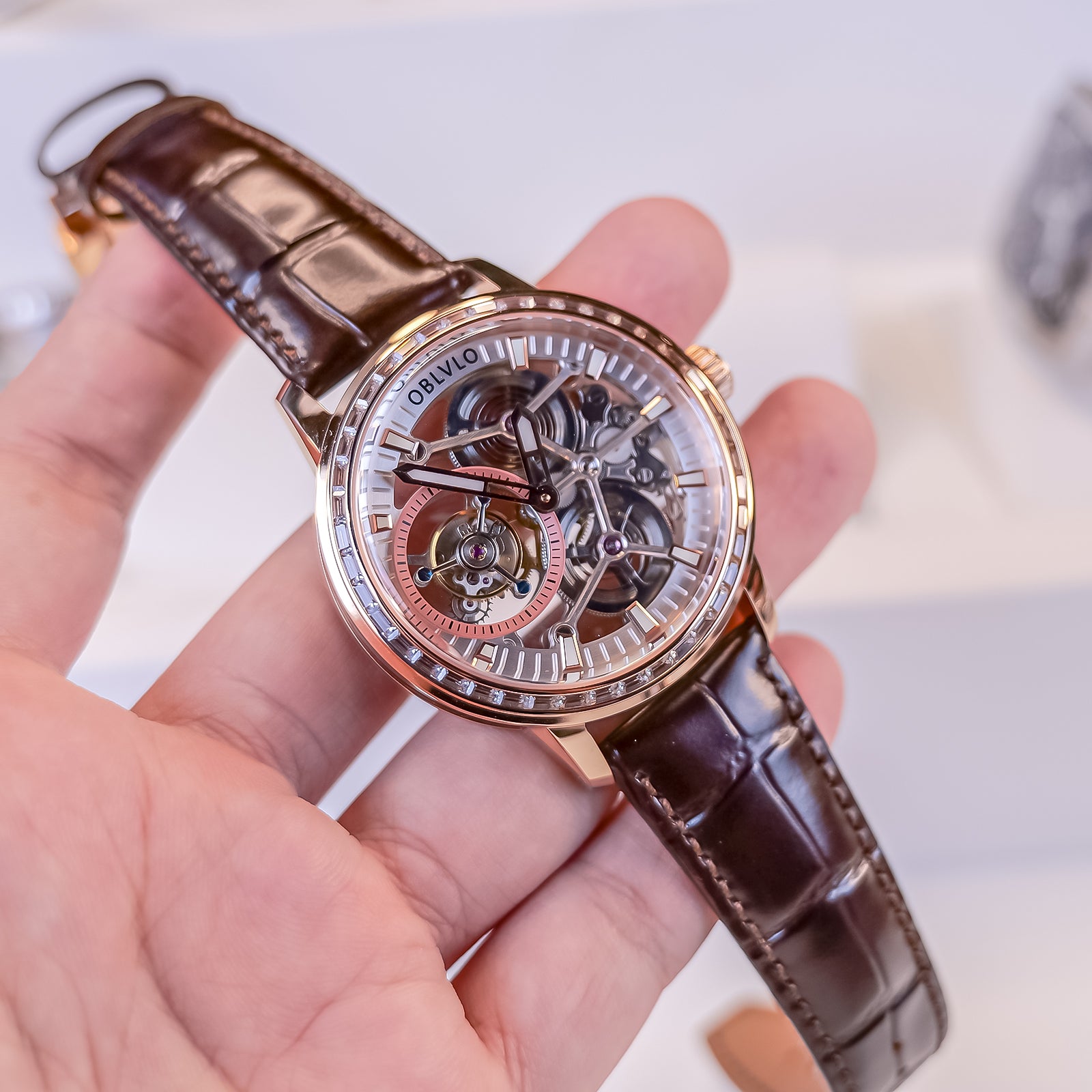 OBLVLO Orologio automatico di lusso, quadrante scheletro blu, cassa in oro rosa, cinturino in pelle, VM-Q-PLLL, Lusso OBLVLO Orologio automatico di lusso, quadrante scheletro blu, cassa in oro rosa, cinturino in pelle, VM-Q-PLLL, Lusso