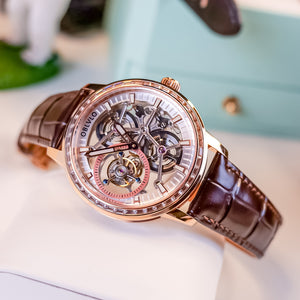 Erschwingliche Luxus-Skelett-Tourbillon-Uhren aus Roségold mit Diamanten für Herren – Oblvlo Design VM-TB DPWW