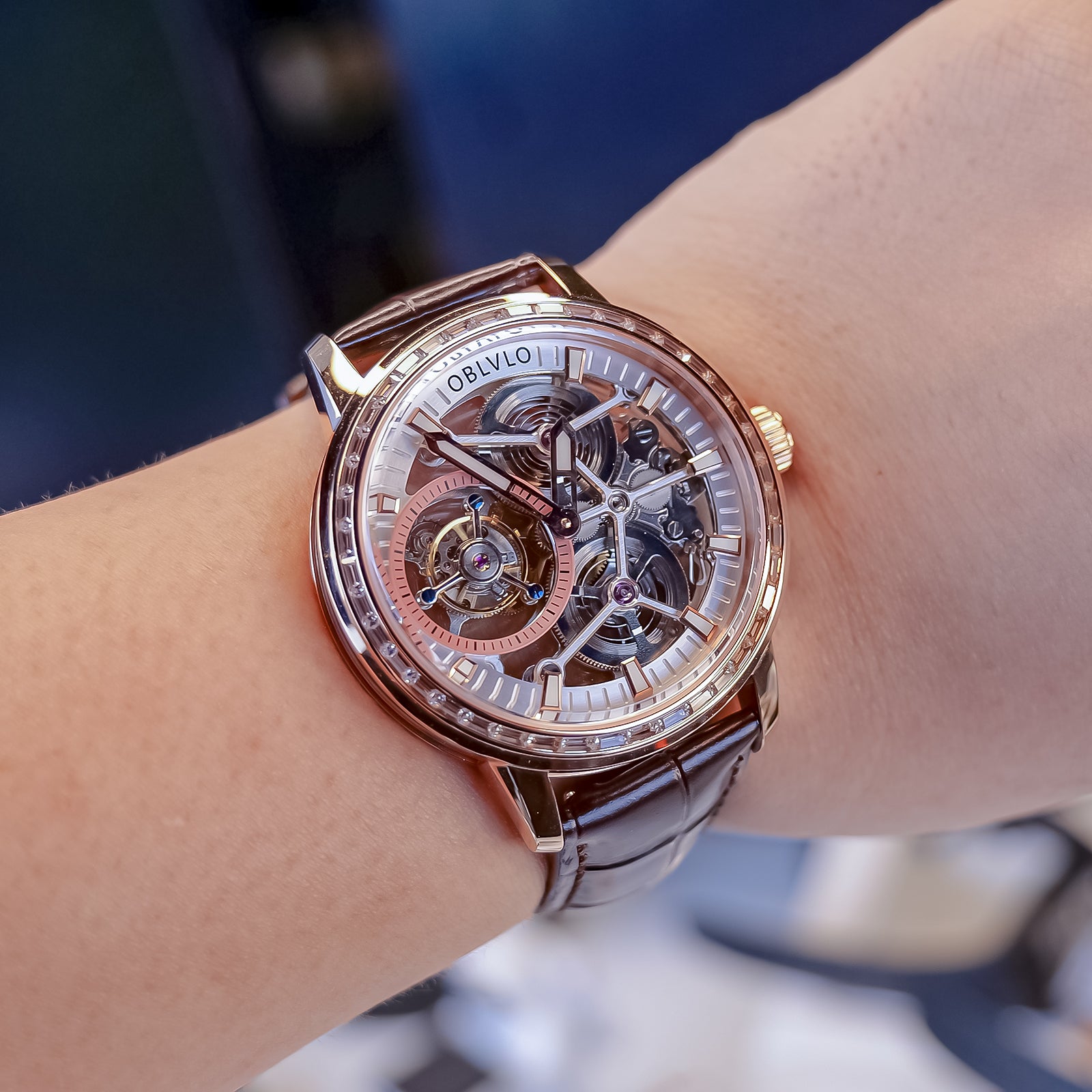 Affordable Luxury Rose Gold Diamond Skeleton Tourbillon Watches For Men Oblvlo Design VM TB DPWW