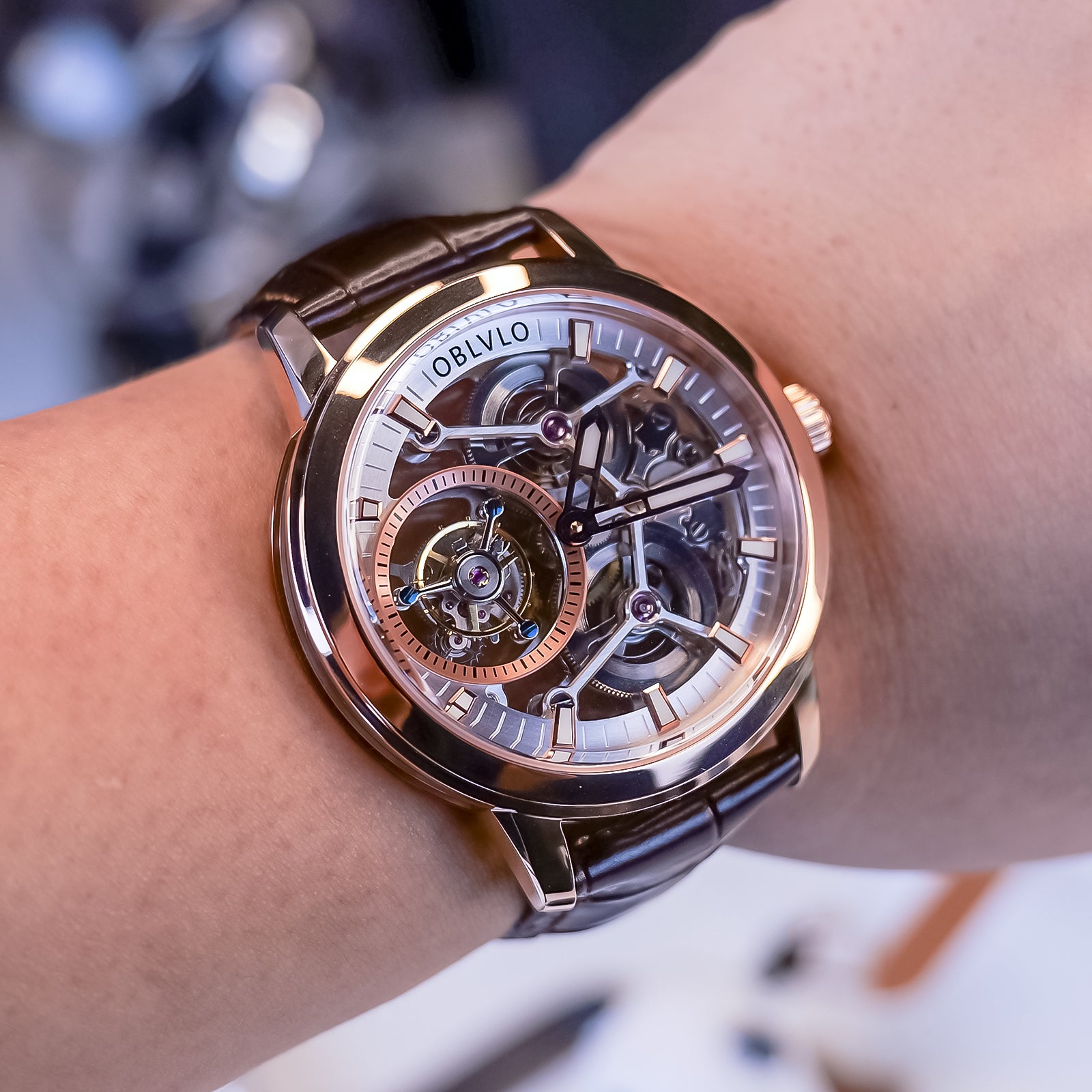 OBLVLO Orologio Uomo Lusso Automatico Scheletro – Cassa Oro Rosa E Vetro Zaffiro – Movimento Meccanico A Vista