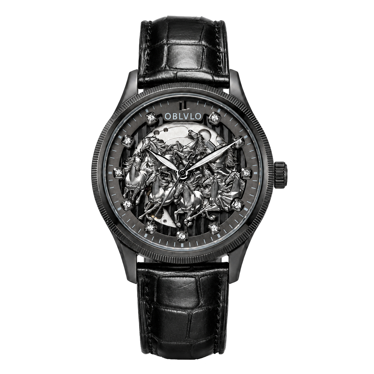 OBLVLO VMH Men's Stealth All Black Automatic Watch 3D Sculpted Horse Dial Skeleton Mechanical Wristwatch Black Leather Strap