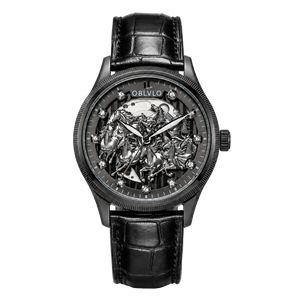OBLVLO VMH Men's Stealth All Black Automatic Watch 3D Sculpted Horse Dial Skeleton Mechanical Wristwatch Black Leather Strap