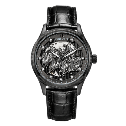 OBLVLO VMH Men's Stealth All Black Automatic Watch 3D Sculpted Horse Dial Skeleton Mechanical Wristwatch Black Leather Strap