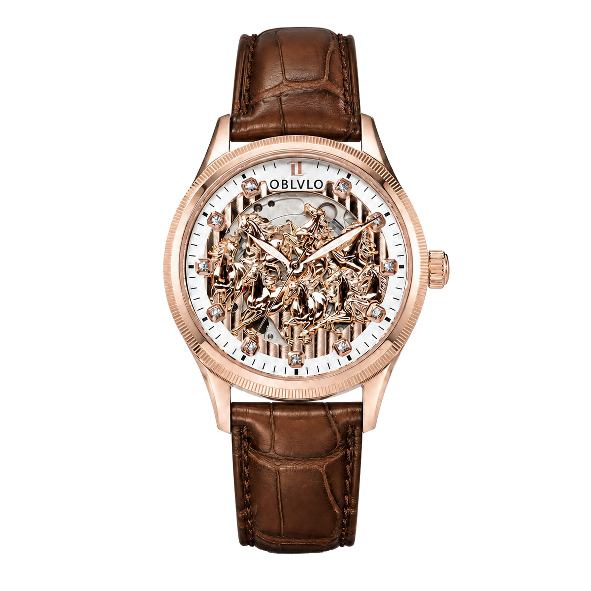 OBLVLO VMH Men's Mechanical Automatic Watch 3D Galloping Horse Sculpture Skeleton Dial Rose Gold Case Leather Strap Wristwatch