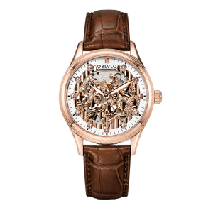 OBLVLO VMH Men's Mechanical Automatic Watch 3D Galloping Horse Sculpture Skeleton Dial Rose Gold Case Leather Strap Wristwatch
