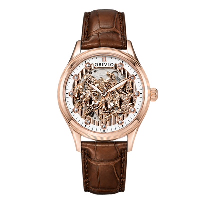 OBLVLO VMH Men's Mechanical Automatic Watch 3D Galloping Horse Sculpture Skeleton Dial Rose Gold Case Leather Strap Wristwatch