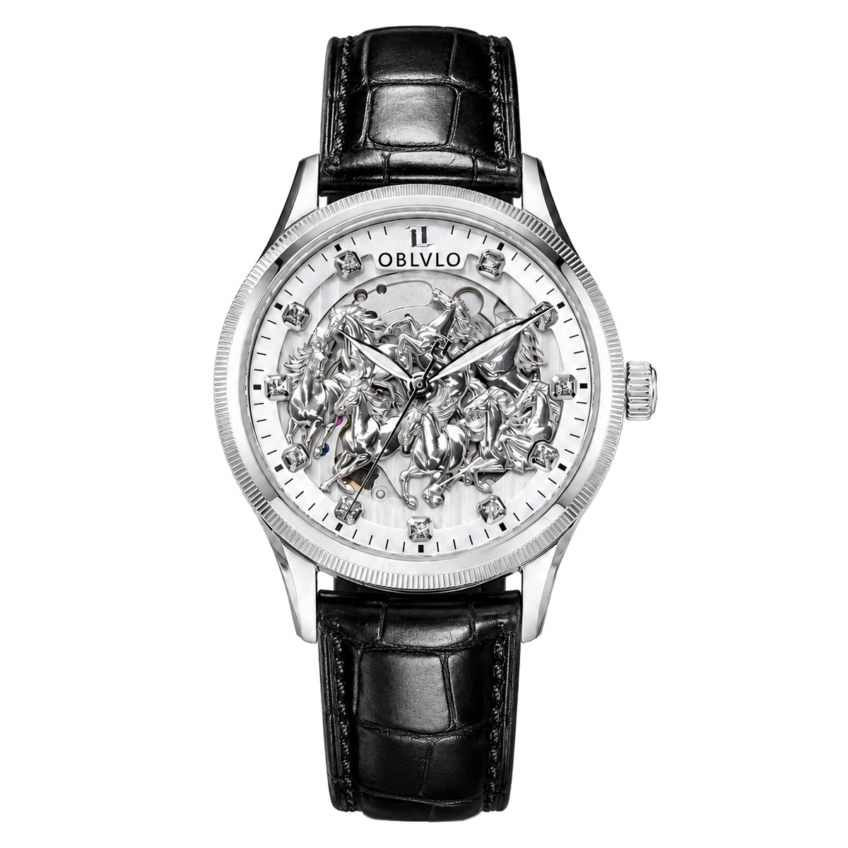 OBLVLO VMH Men's Automatic Watch 3D Relief Horse Skeleton Mechanical Wristwatch Silver Stainless Steel Case Black Leather Strap