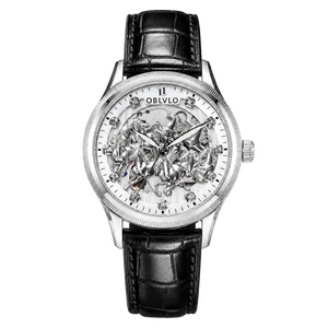 OBLVLO VMH Men's Automatic Watch 3D Relief Horse Skeleton Mechanical Wristwatch Silver Stainless Steel Case Black Leather Strap