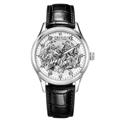 OBLVLO VMH Men's Automatic Watch 3D Relief Horse Skeleton Mechanical Wristwatch Silver Stainless Steel Case Black Leather Strap