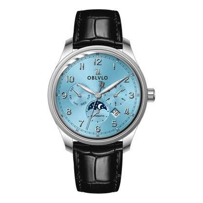 OBLVLO WM 41mm Ice Blue Multi-function Automatic Watch - Luxury Day Date/Moonphase Watch For Mens