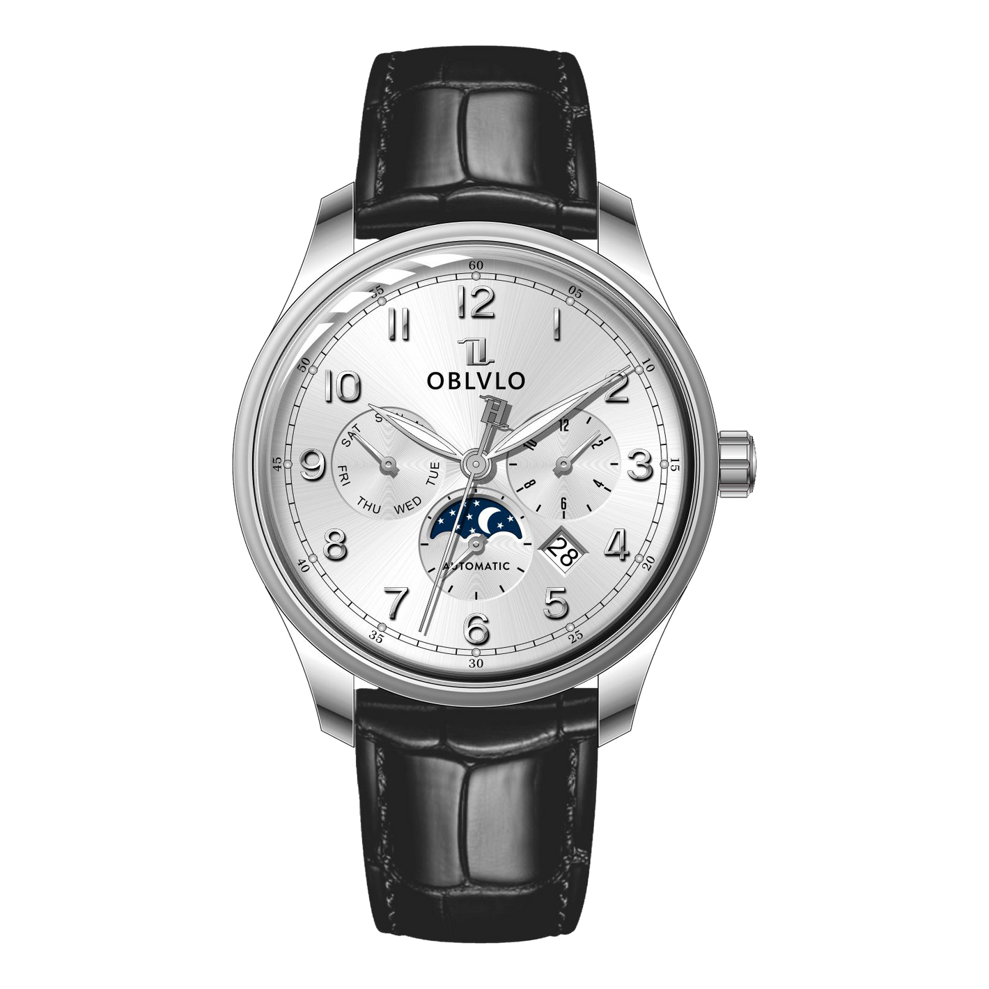 OBLVLO WM 41mm Mens Automatic Dress Watch - White Dial Multi-Function Day Date Watch