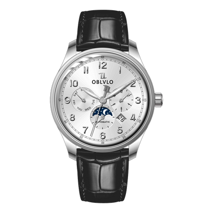 OBLVLO WM 41mm Mens Automatic Dress Watch - White Dial Multi-Function Day Date Watch
