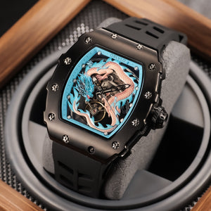 Cool Unique Black PVD Case & Blue Chinese Dragon Skeleton Watch - OBLVLO DRAGON Series