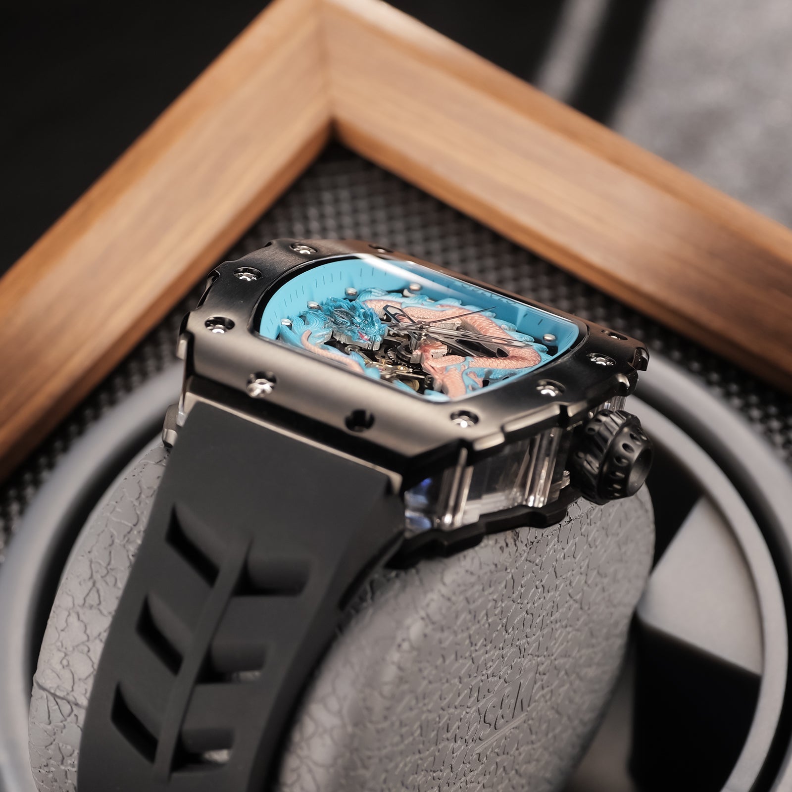 Cool Unique Black PVD Case & Blue Chinese Dragon Skeleton