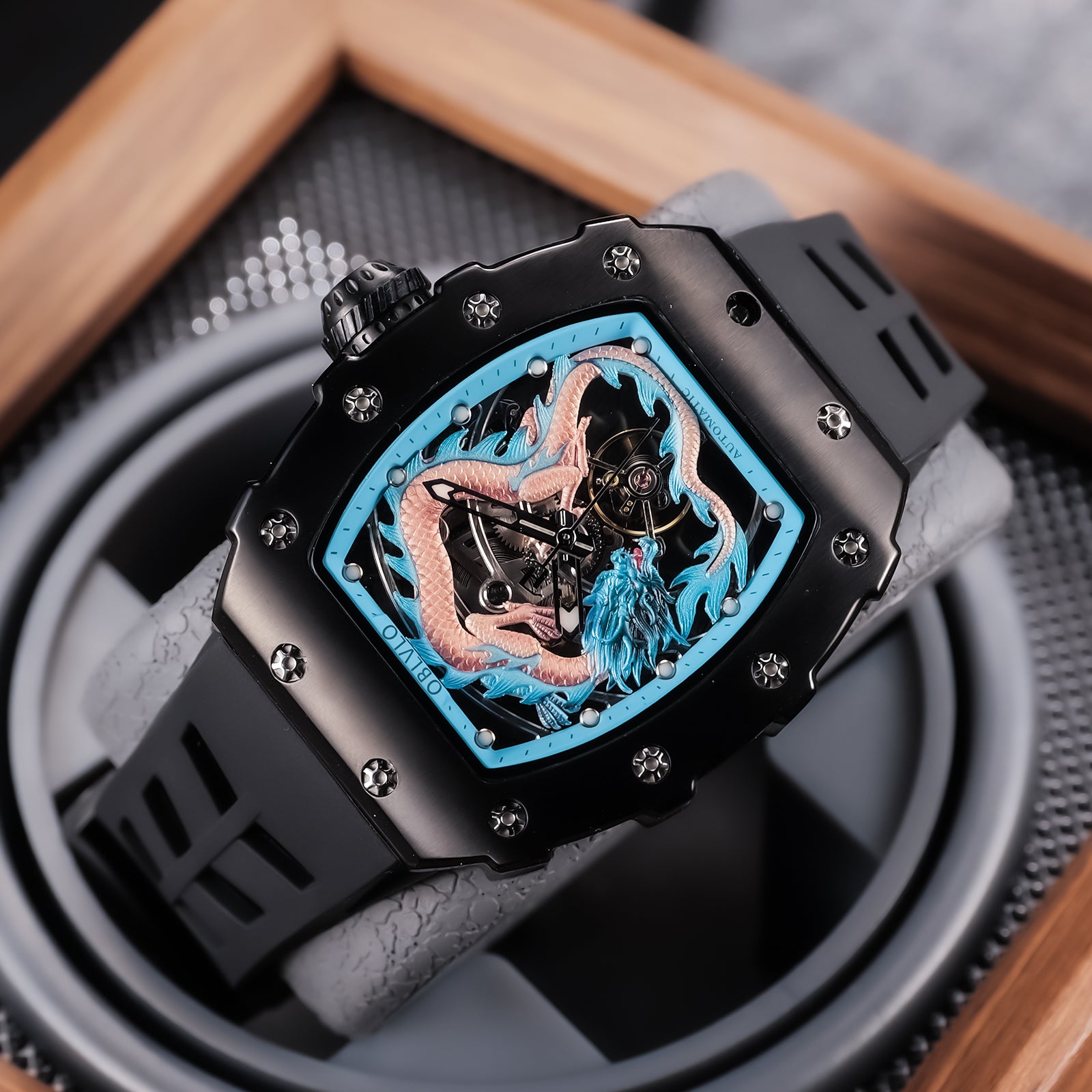 Cool Unique Black PVD Case & Blue Chinese Dragon Skeleton