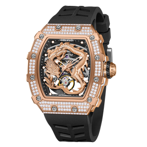 Best Luxury OBLVLO Rose Gold Chinese Dragon Diamond Watch for Men and Women