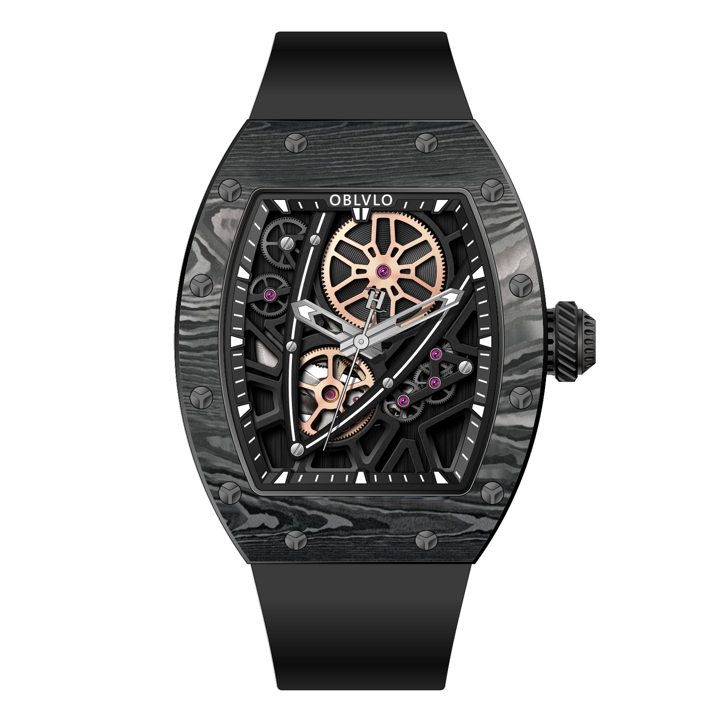 OBLVLO XM-NSK Black Carbon Fiber Watch - Luxury 50M Waterproof Tonneau Automatic Skeleton Watch
