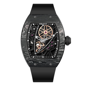 OBLVLO XM-NSK Black Carbon Fiber Watch - Luxury 50M Waterproof Tonneau Automatic Skeleton Watch
