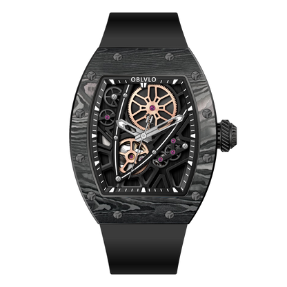 OBLVLO XM-NSK Black Carbon Fiber Watch - Luxury 50M Waterproof Tonneau Automatic Skeleton Watch