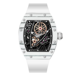 OBLVLO XM-NSK Luxury Tonneau Skeleton White Luminescent Carbon Fiber Watch for Men - Self-Wind Movement/Waterproof/Super_Luminous