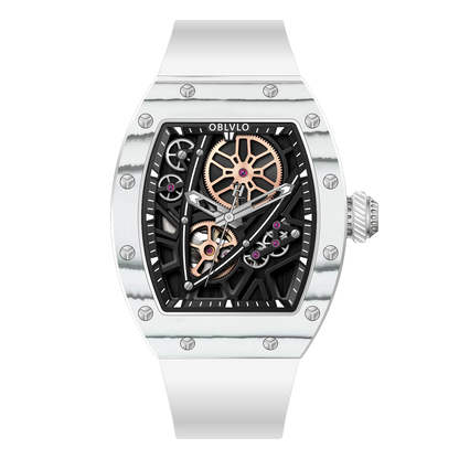OBLVLO XM-NSK Luxury Tonneau Skeleton White Luminescent Carbon Fiber Watch for Men - Self-Wind Movement/Waterproof/Super_Luminous