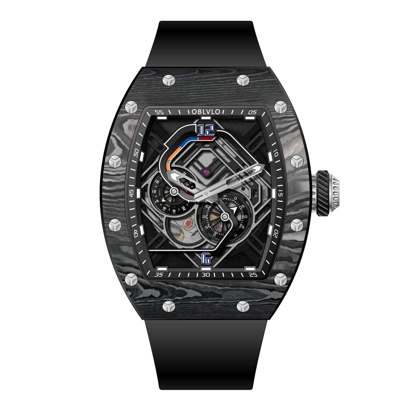 OBLVLO XM-RACING Mens Luxury Tonneau Watches - Unique Black Carbon Fiber Sports Automatic Japanese 82S7 Movement Watch
