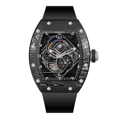 OBLVLO XM-RACING Mens Luxury Tonneau Watches - Unique Black Carbon Fiber Sports Automatic Japanese 82S7 Movement Watch