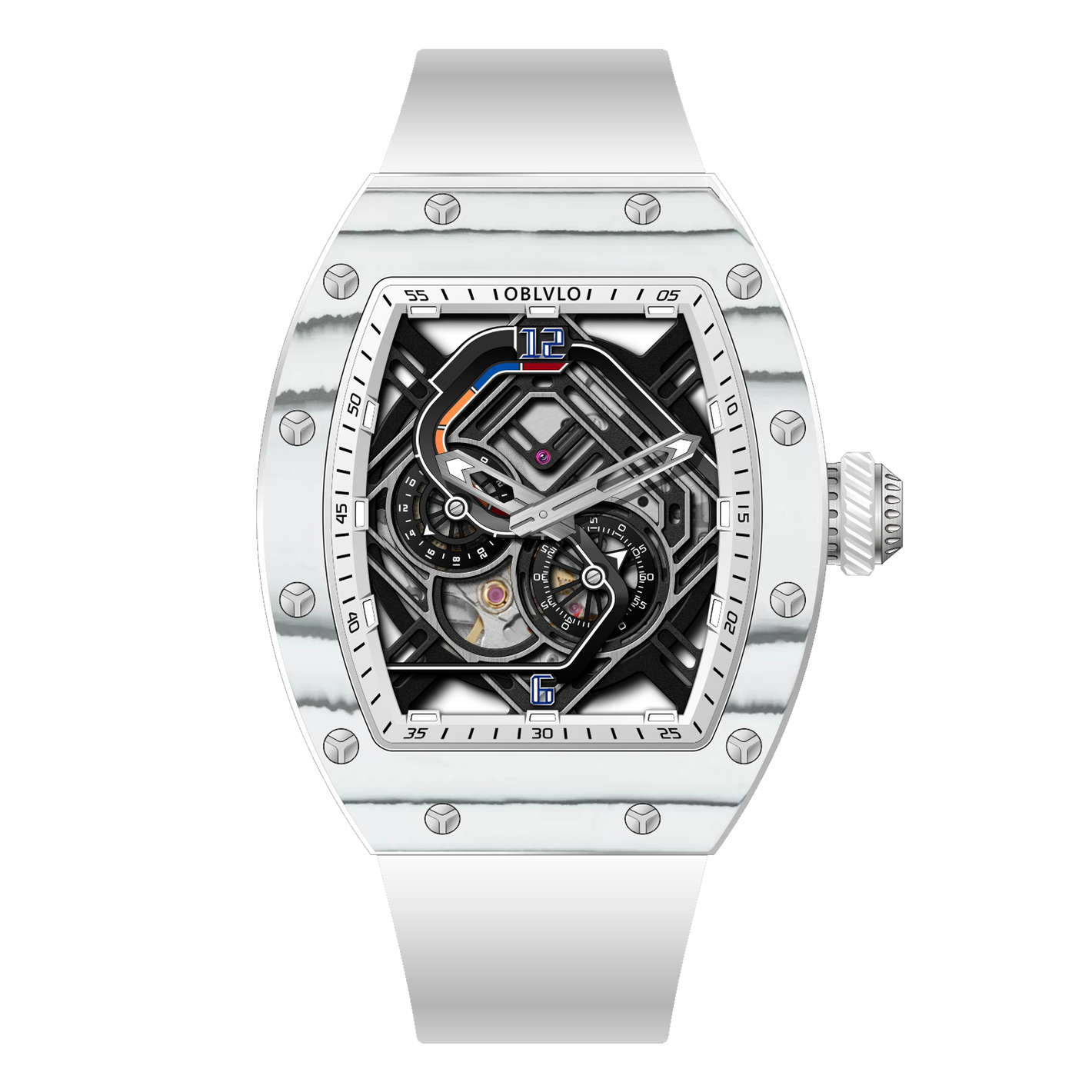 OBLVLO XM-RACING Automatic Mechanical Men's Skeleton Watch - Cool White Carbon Fiber Case with Luminous