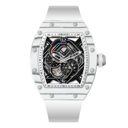 OBLVLO XM-RACING Automatic Mechanical Men's Skeleton Watch - Cool White Carbon Fiber Case with Luminous