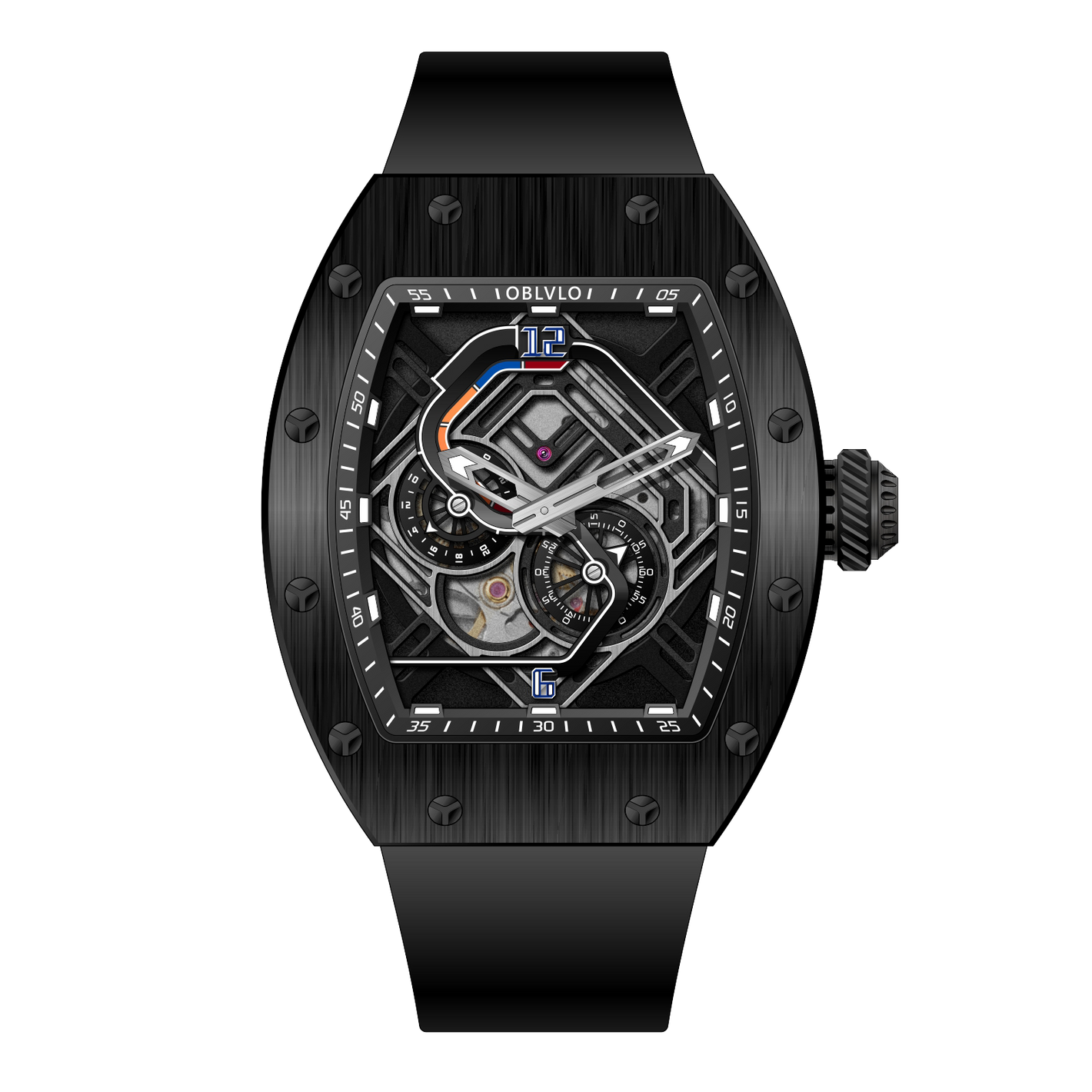 All Black OBLVLO XM-RACING Automatic Watch - 50M Waterproof Tonneau Luxury Skeleton Watches for Men