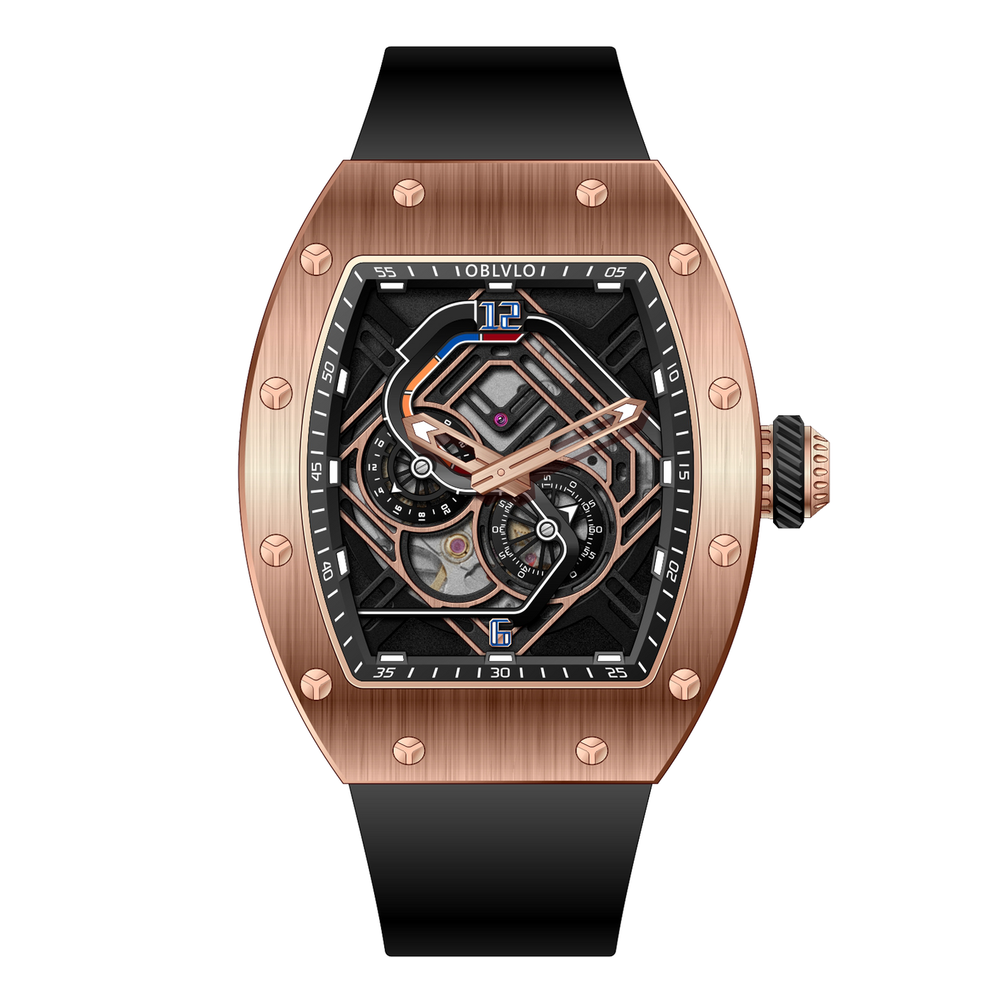 OBLVLO XM-RACING Rose Gold Mens Luxury Automatic Watches for Men - 50M Waterproof Japanese 82S7 Mechanical Movement Watch