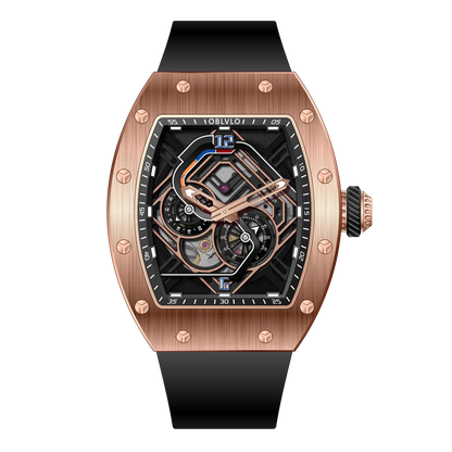 OBLVLO XM-RACING Rose Gold Mens Luxury Automatic Watches for Men - 50M Waterproof Japanese 82S7 Mechanical Movement Watch