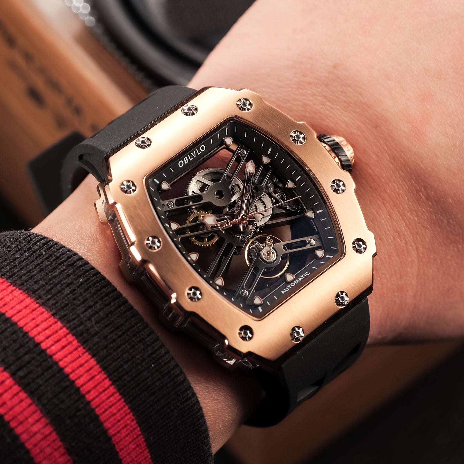 OBLVLO XM XSK Series Cool Automatic Rose Gold Skeleton Watch for Men a