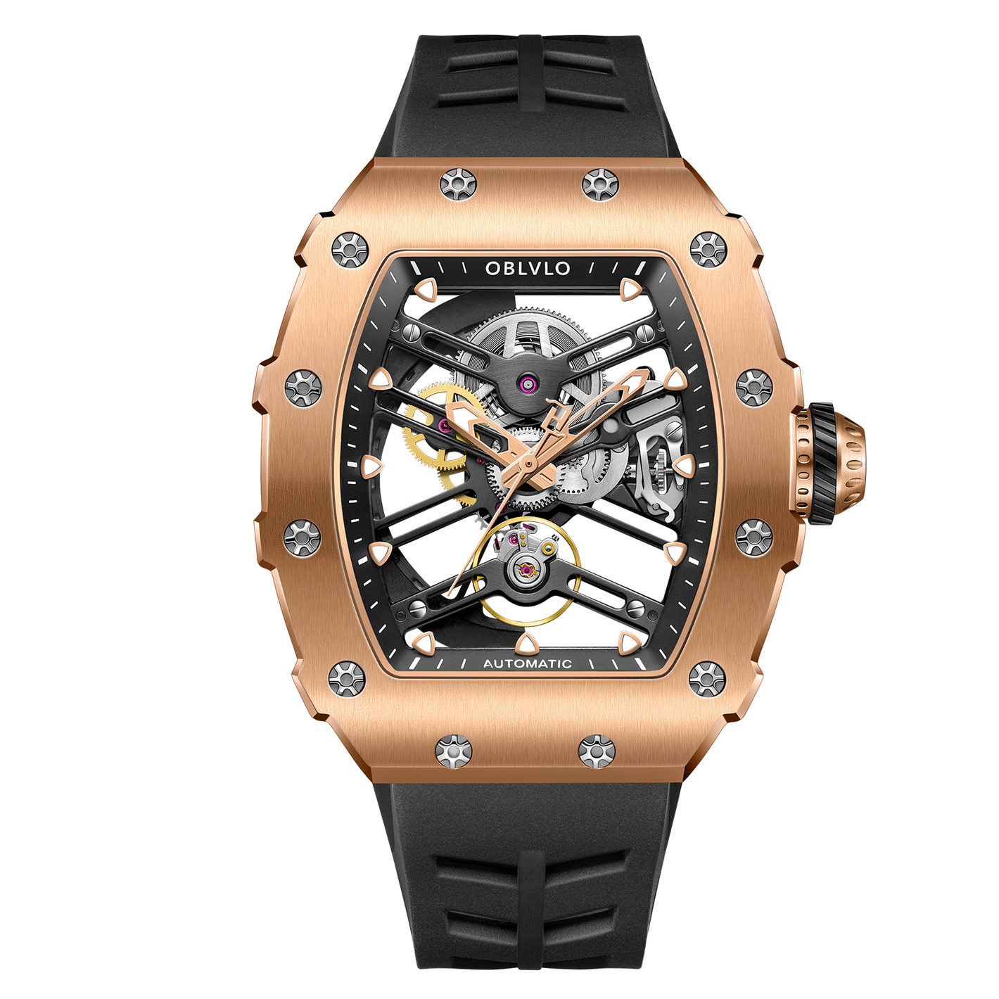 OBLVLO XM XSK Series Cool Automatic Rose Gold Skeleton Watch for Men and Women