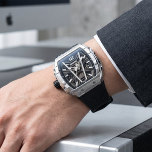 OBLVLO ZM-MA Super Luminous Dial & Black Rubber Strap Watch -  Men's Fashion Tonneau Skeleton Automatic Sport Watch