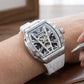 OBLVLO ZM-MA Fashion Tonneau Skeleton Automatic Sport Watch - Men's Fashion Super Luminous Dial & White Rubber Strap Watch