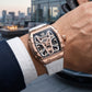 Luxury OBLVLO ZM-MA Fashion Rose Gold Skeleton Tonneau Automatic Watch For Mens - Super Luminous Dial & White Soft Silicone Strap Sport Watch