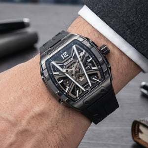OBLVLO ZM-MA All Black Tonneau Mechanical Automatic Watch - Luxury Fashion Super Luminous Skeleton Dial Watch For Men's