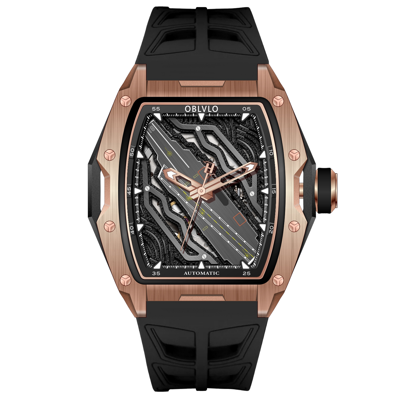 Rose Gold OBLVLO ZM-CR Series Aircraft Carrier Tonneau 46MM Automatic Skeleton Watch