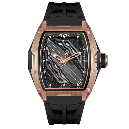 Rose Gold OBLVLO ZM-CR Series Aircraft Carrier Tonneau 46MM Automatic Skeleton Watch