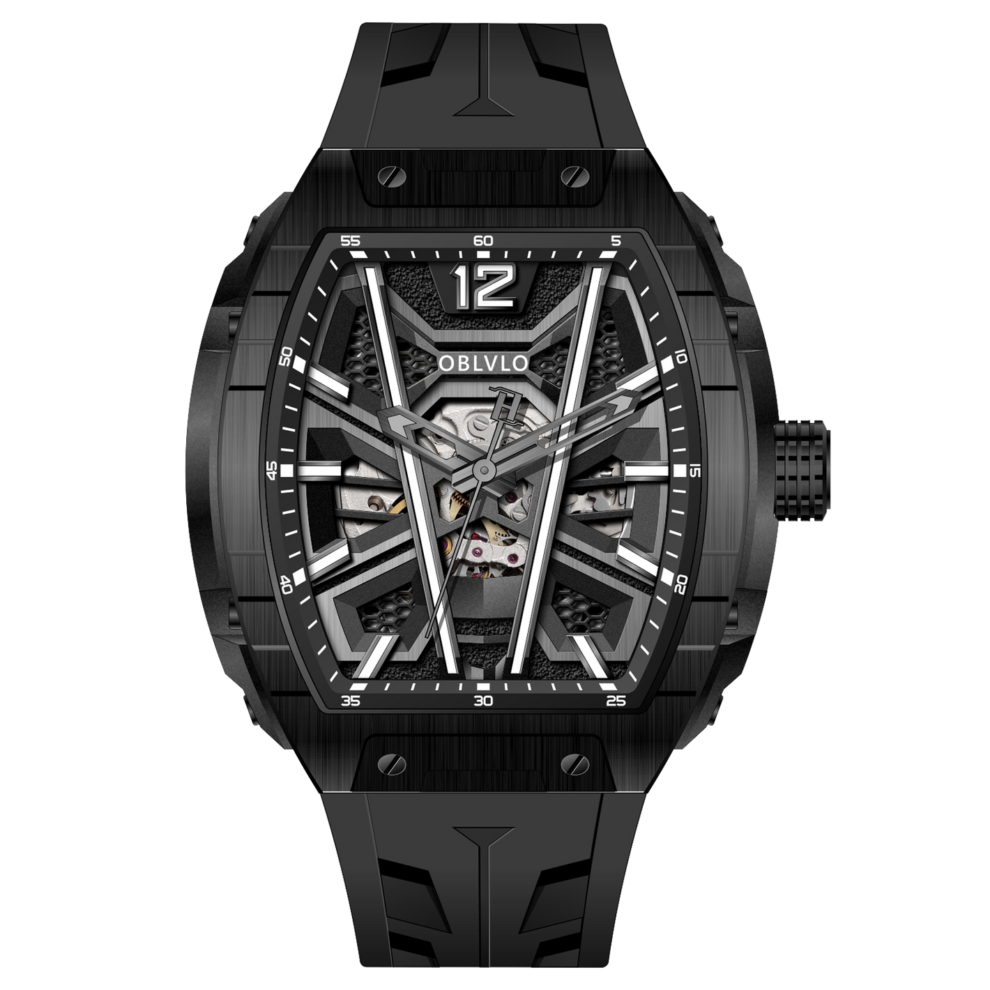 OBLVLO ZM-MA All Black Tonneau Mechanical Automatic Watch - Luxury Fashion Super Luminous Skeleton Dial Watch For Men's