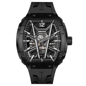 OBLVLO ZM-MA All Black Tonneau Mechanical Automatic Watch - Luxury Fashion Super Luminous Skeleton Dial Watch For Men's