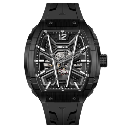 OBLVLO ZM-MA All Black Tonneau Mechanical Automatic Watch - Luxury Fashion Super Luminous Skeleton Dial Watch For Men's